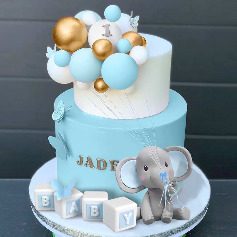 Elephant Cake Topper Blue Letters Ball Cake Decorations for Birthday