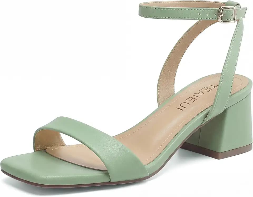 TEAIEUI Block Heels for Women, Square Open Toe Ankle Strap Heeled Sandals