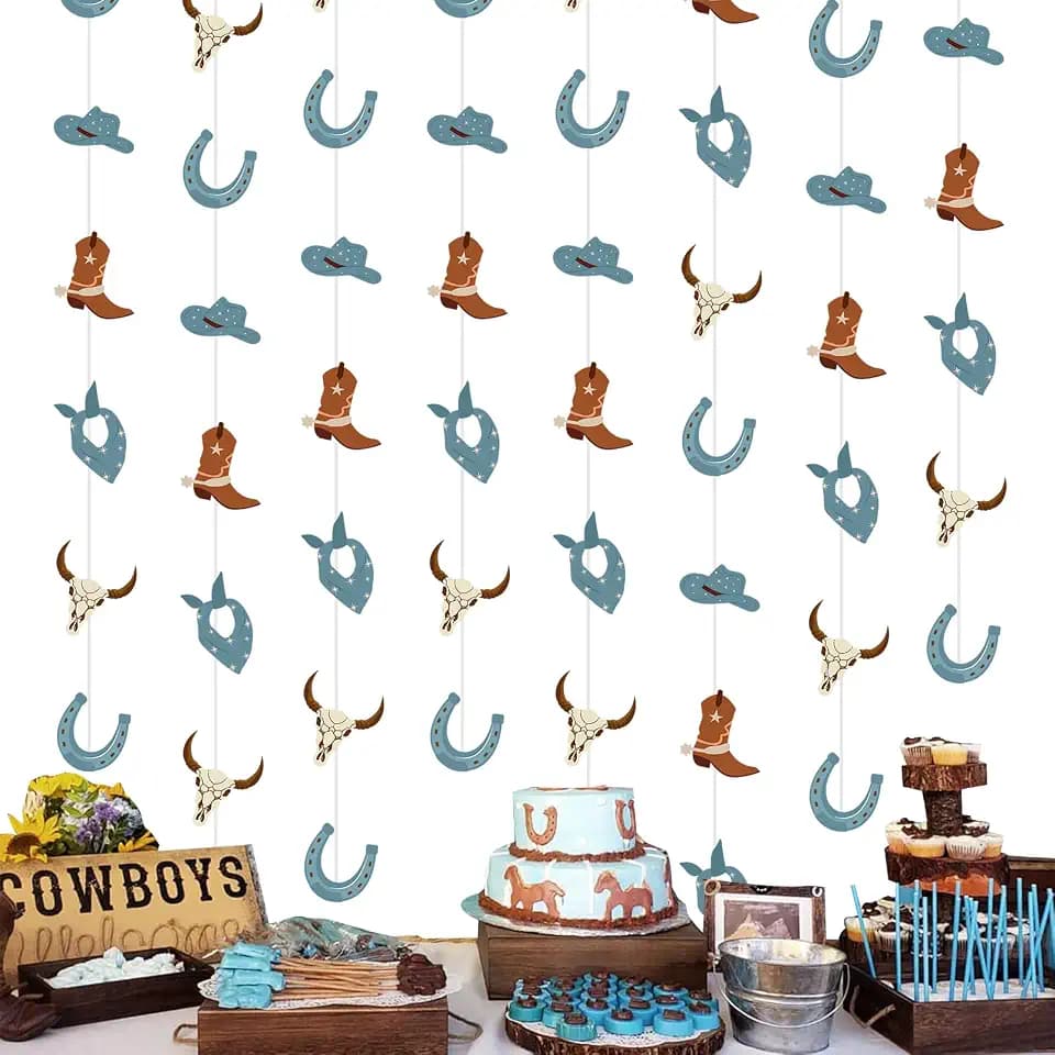 Western Cowboy Party Decorations Blue Cowboy Garland Cowboy Party Hanging Garland for First Birthday Wild Farm Animal My First Rodeo Baby Shower Supplies with Cow Print Streamer