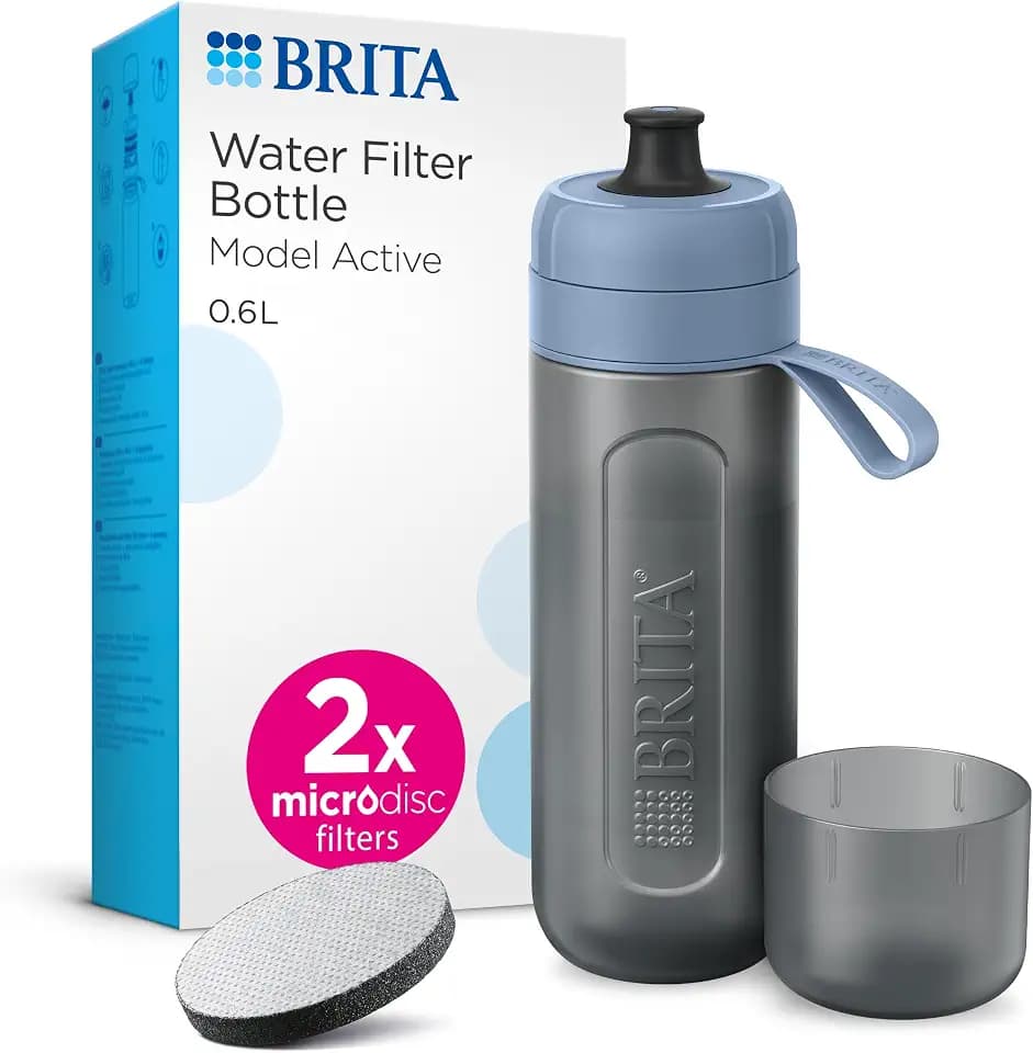 BRITA Sport Wasserfilter Flasche Modell Active Dark Blue (600ml) inkl. 2x MicroDisc Filter - Quetschbare BPA-freie Flasche für unterwegs, filtert Chlor, organische Verunreinigungen, Hormone