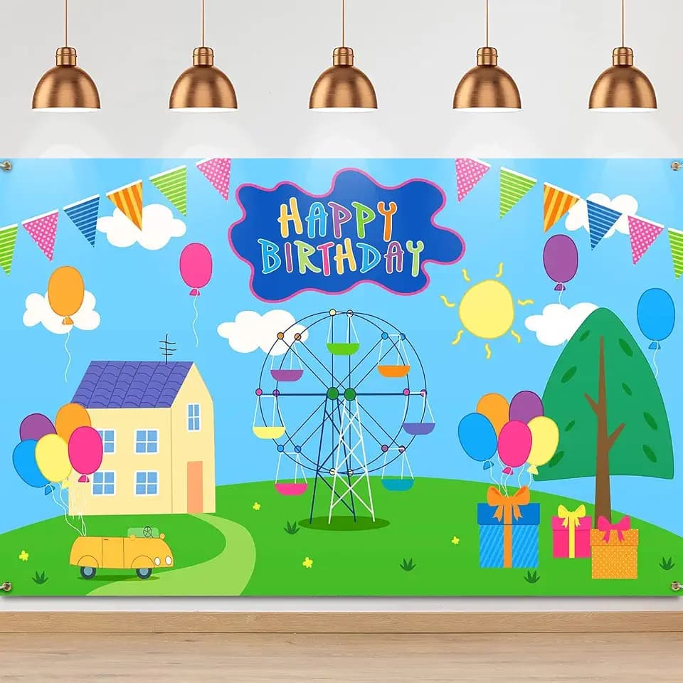 Happy Birthday Backdrop Colorful Cartoon House Sky Blue Photography Background Cartoon Pig Theme Banner for Baby Shower Birthday Party Decorations, 72.8 x 43.3 Inch