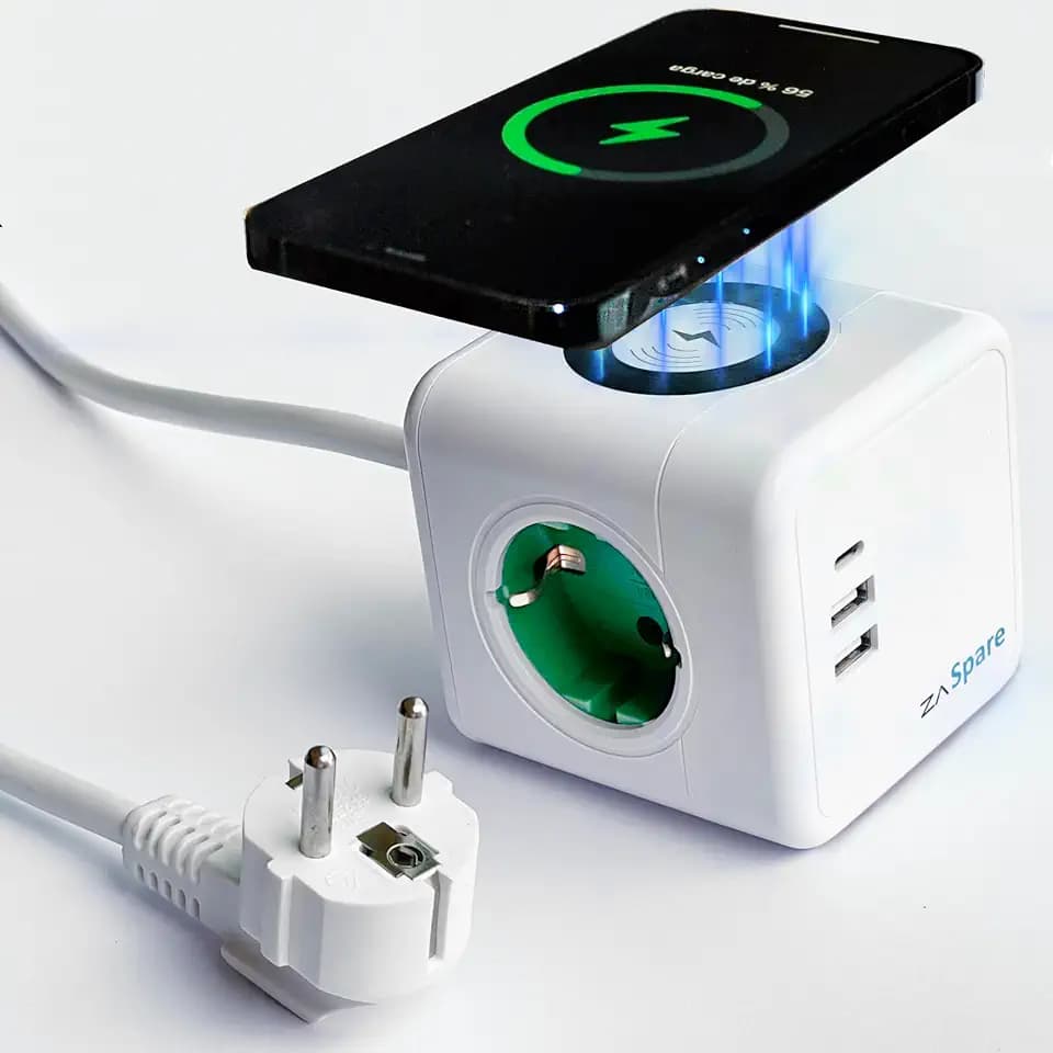 Steckdosenleiste mit 2 USB Typ A und 1 USB Typ C, Schnellladung, kabelloses Laden 15 W, 3 Steckdosen mit 220 V, 3680 W, 16 A, Verlängerungskabel 1,5 m.