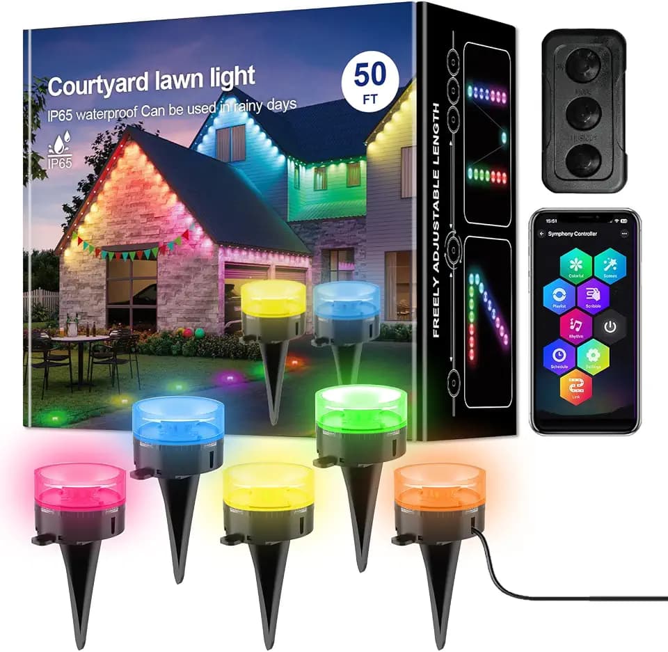LIDORE Smart Outdoor Ground Lights, 50FT with 15 Lamps RGBCW Color Changing