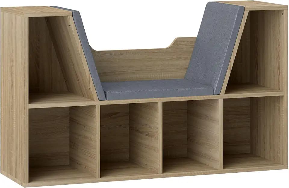 HOMCOM 2-in-1 Bücherregal-Bank mit Sitzkissen 102x30x61cm Eiche