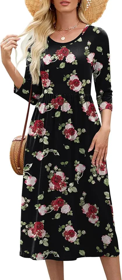 Heymoments Women 3/4 Sleeve Fall Winter Midi Dress with Pockets