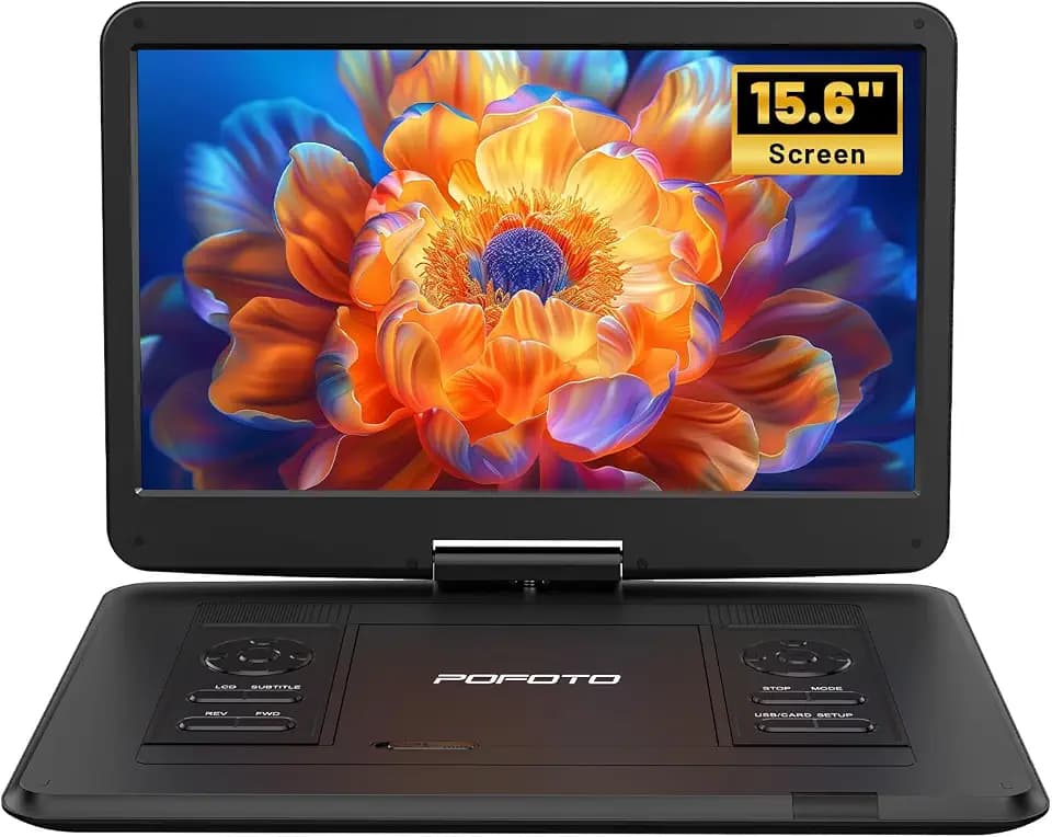 POFOTO 17,5'' Tragbarer DVD-Player mit 15,6'' Drehbarem HD-Display, 6h Akkulaufzeit, Unterstützt Mehrere Formate/SD/USB, TV/Projektor-Sync, Stoßfest & Speicherfunktion, Stereo-Lautsprecher (Schwarz)