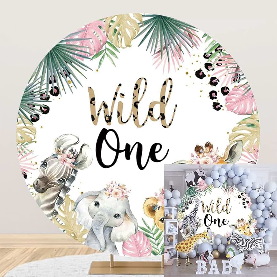 Wild One Round Backdrop Cover Jungle Safari Animals 1st Birthday Photo Background Kids Baby Girls First Birthday Party Decoration Circle Backdrop Cover Photo Studio Props 6.5x6.5ft