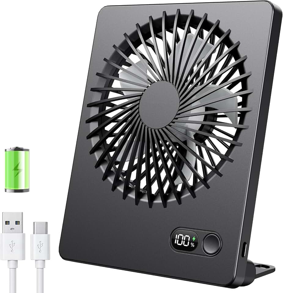 TriPole Tischventilator Leise, 2000mAh Ladefähige USB Ventilatoren Ausführen Bis zu 4-16 Std, 3 Geschwindigkeiten Tragbarer Akkulüfter-30dB, 180°Einstellbar, für Büro, Bibliothek, Reise-Schwarz