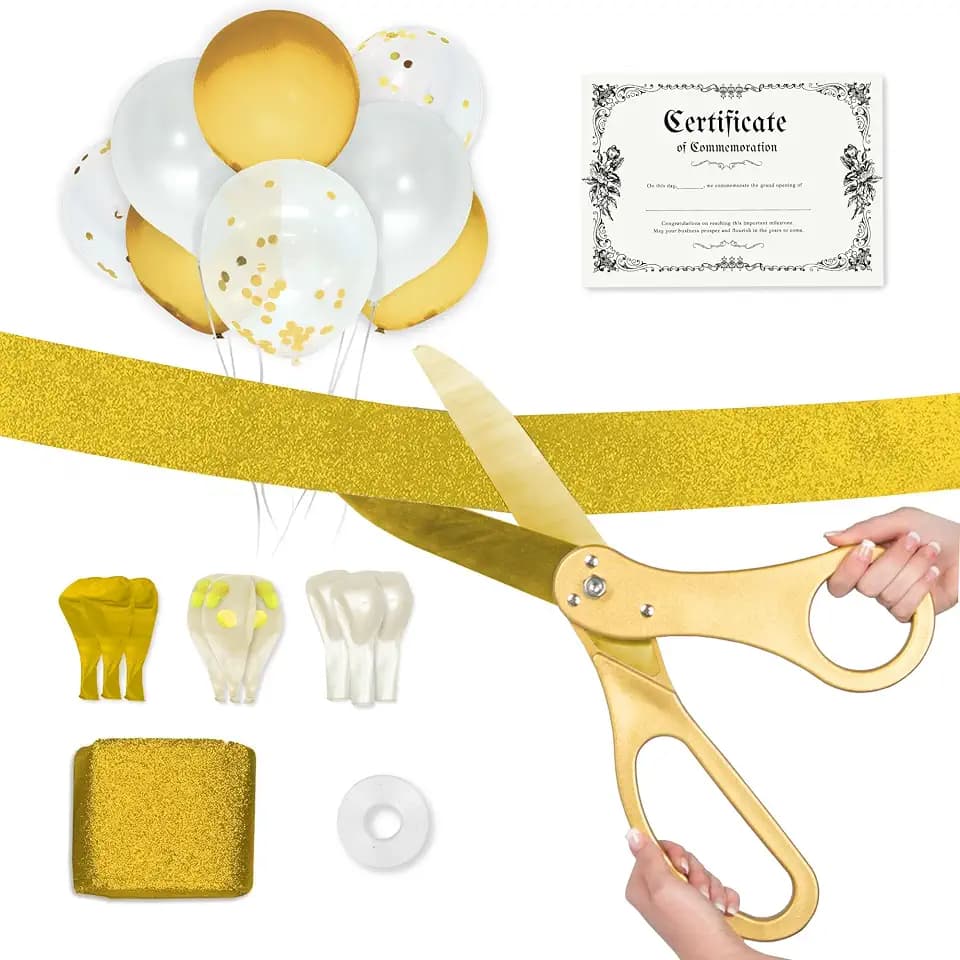 Crutello Ribbon Cutting Ceremony Kit - 20" Giant Gold Scissors & Ribbon