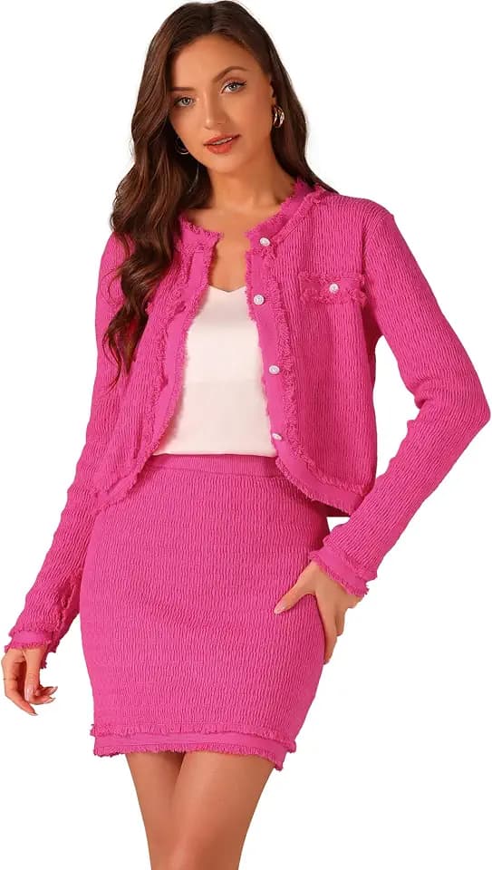 Allegra K 2-teiliges Outfit, Pullover-Set für Damen, Business, lässig, gestrickt, langärmelig, kurze Jacke, Rock, Set