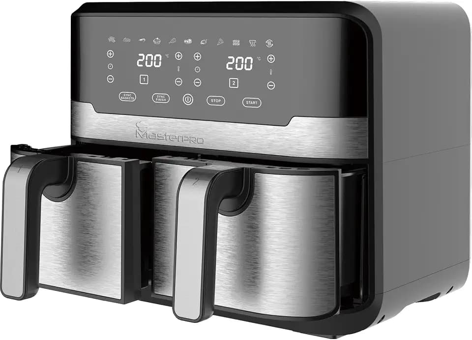 MasterPRO Rocket Duo 900 | Doppelte Heißluftfritteuse | Schwarz | 9L Fassungsvermögen und 2100W Leistung | LED-Touchscreen und antihaftbeschichteter Korb | Fritteuse | 11 Funktionen in 1