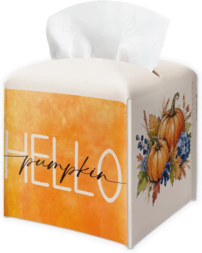 Fall Tissue Box Cover, Hello Fall & Pumpkin Tissue Holder, Autumn Waterproof Facial Paper Organizer, Farmhouse Decor for Home Bathroom Kitchen Countertop, Thanksgiving Decorative Desk Decor - B01