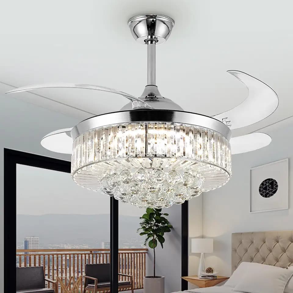 42" Crystal Ceiling Fan with Light Chandelier Fan with Remote, Silvery