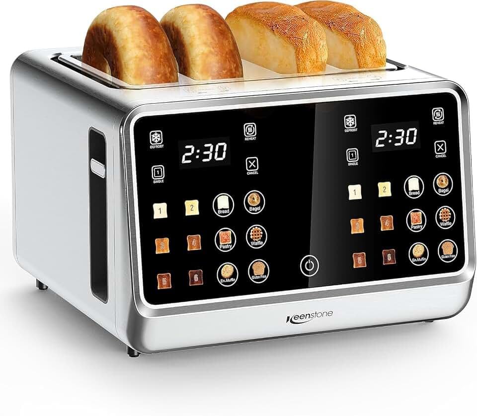 Keenstone Toaster 4 Scheiben Digitaler intelligenter Toaster mit Touchscreen Mit dualem Bedienfeld Einzelschachtel Toastfunktion sowie Aufwärm und Entfrostmodus ideal für Bagels Brot Waffeln Edelstahl