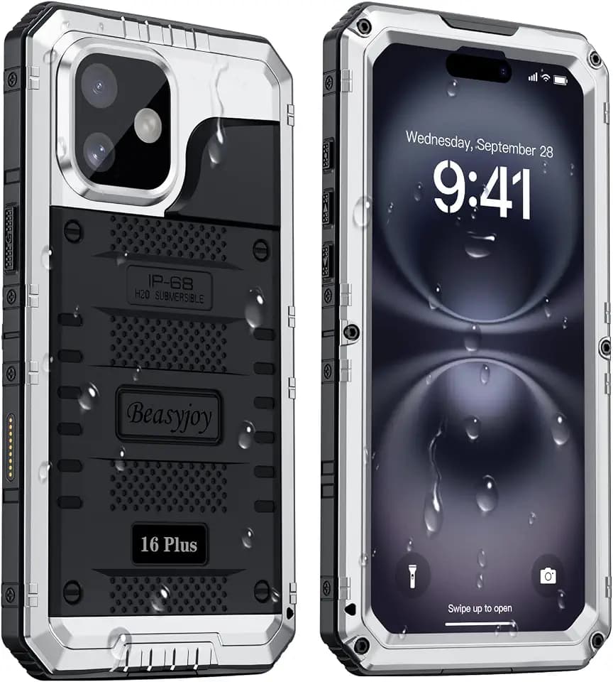 Beasyjoy for iPhone 16 Plus Case Waterproof, Metal Heavy Duty Full Body Protective Case with Built-in Screen Protector, Military Grade Shockproof Dustproof Cover for iPhone 16 Plus 6.7", Silver