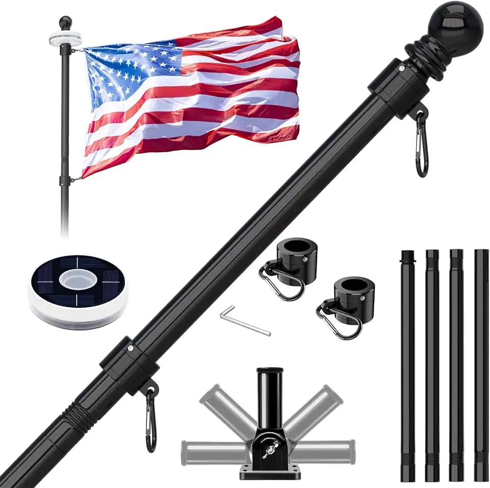 ZMTECH 5FT Flag Pole for Outside House with Solar Light, Black, (No Flag)