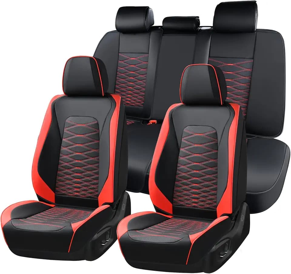 FLORICH Leather Seat Covers, Car Seat Covers Full Set, Car Seat Protector Waterproof, Front and Rear Seat Covers for Cars, Automotive Seat Covers Universal Fit for Most Cars SUV Truck - Red&Black