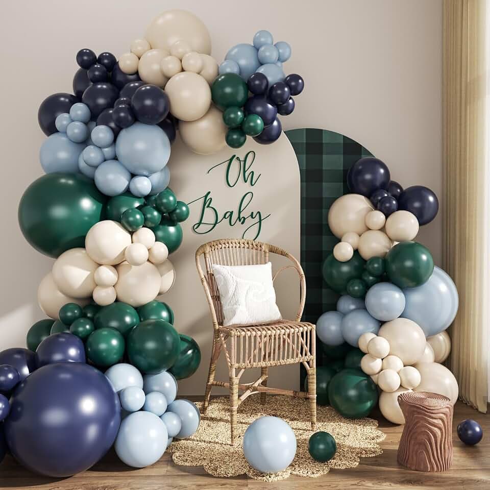Blue and Green Balloons Arch Garland Kit, Tartan Plaids Decorations Baby Shower Navy Blue Dark Green Sand White Balloons for Bear Baby Shower Birthday Party Decorations