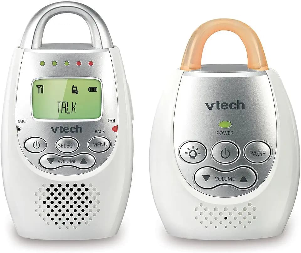 VTech Communications DM221 Audio Baby Monitor with up to 1,000 ft of Range, Vibrating Sound-Alert, Talk Back Intercom & Night Light Loop, White/Silver