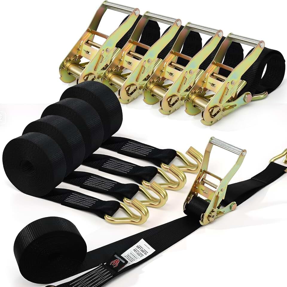 Ratchet Straps Heavy Duty with Double J-Hooks, 4 Pack, 2" x 20', 10,000 LBS