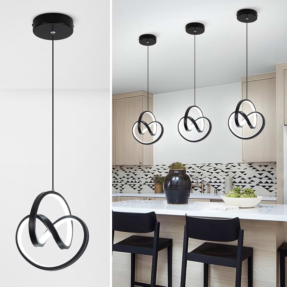 Modern LED Pendant Light Fixtures 6000K Pendant Lights Kitchen Island Lighting Adjustable Height Black Hanging Lamp for Dining Room Bedroom Living Room (1 Pack)