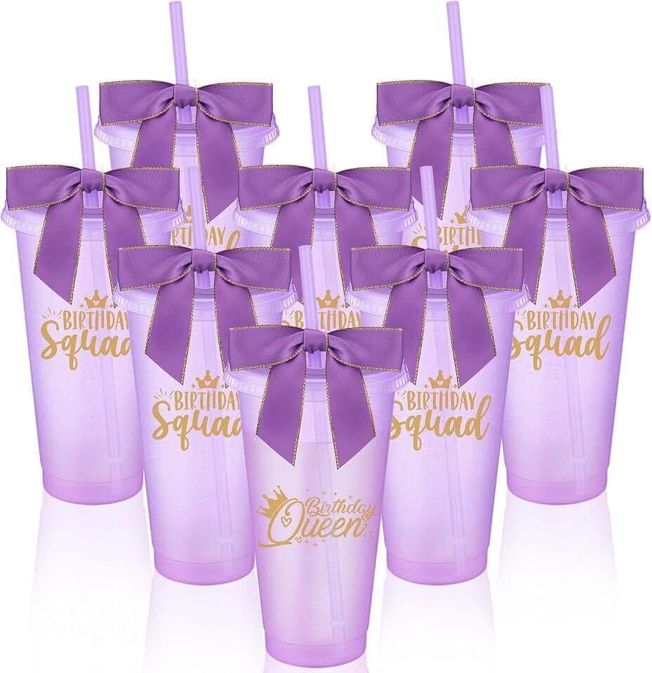 Jingmore 8 Set Birthday Cup 24 oz with Lid Straw Bow Squad,Purple