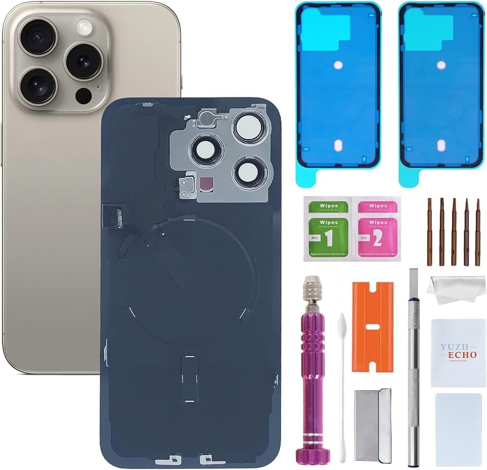 Back Glass Replacement for iPhone 15 Pro Max(6.7 inches,Natural Titanium) Integrated Glass & Wireless Charging Repair Tools are Included