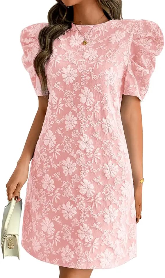 ChiaoLezhee Women's Elegant Floral Jacquard Dress, Puff Sleeve Lightweight Shift Mini Dresses for Summer Casual