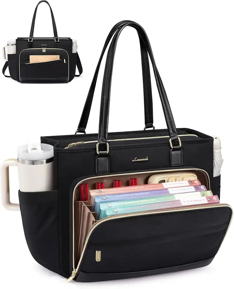 LOVEVOOK Laptop Bag for Women, Teacher Tote Bag with Large Cup Holder & Accordion File Area, Work Tote Bag for Business