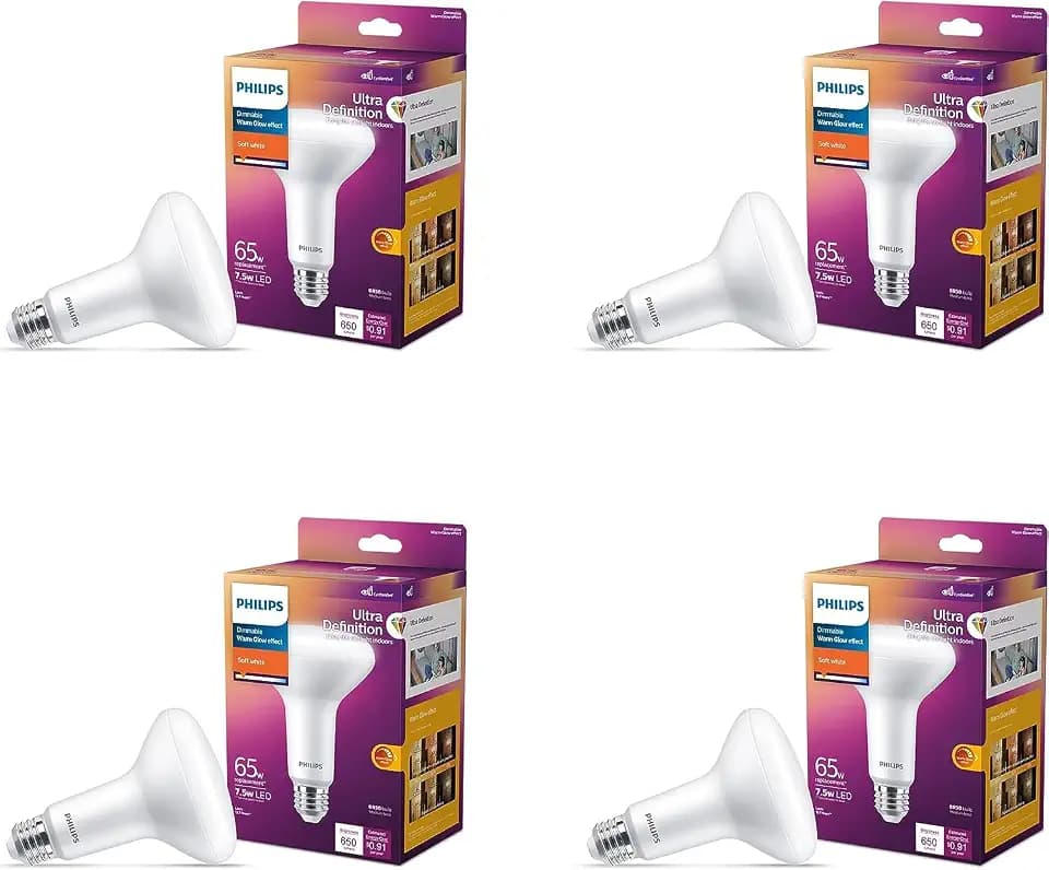 Philips LED 65W BR30 4-Pack Ultra Definition (2200K) 650 Lumen (7.5W = 65W) Dimmable Frosted flicker-Free Light bulbs