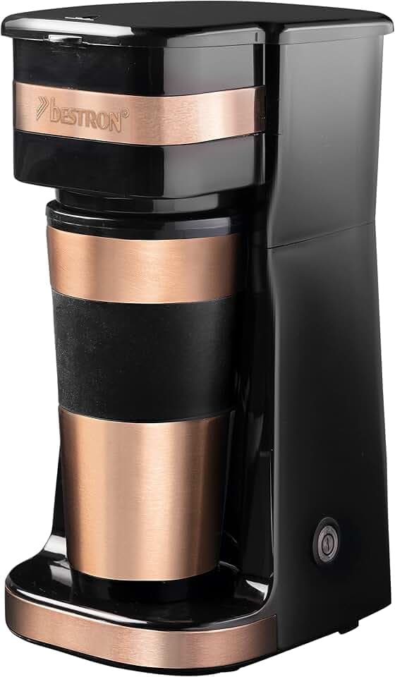 Bestron Kaffeemaschine mit Isolierbecher, Für gemahlenen Filterkaffee, 2 Große Tassen, 750 Watt, Edelstahl, Farbe: Kupfer