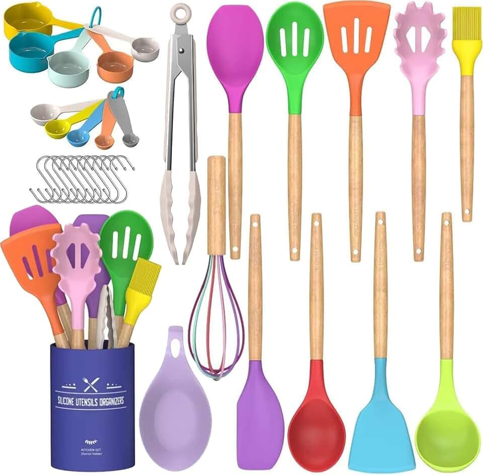 Umite Chef Kitchen Cooking Utensils Set, 33 pcs Non-stick Silicone Cooking Kitchen Utensils Spatula Set with Holder, Wooden Handle Silicone Kitchen Gadgets Utensil Set (Colorful)