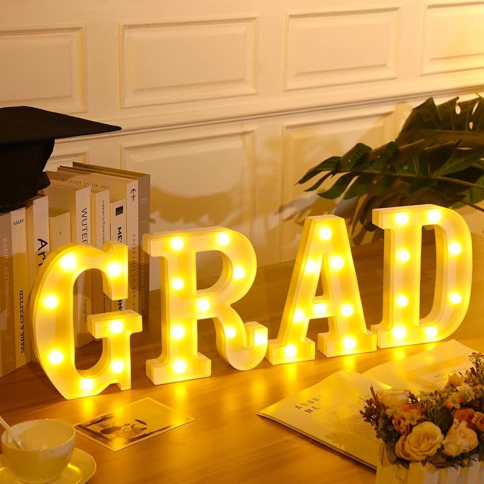 Woanger 4 LED Grad Marquee Letter Lights Sign 8.3" x 6" Graduation Light up Alphabet Letter Light up LED Letters 2025 Graduation Decorations for Party Home Decoration Supplies (White)