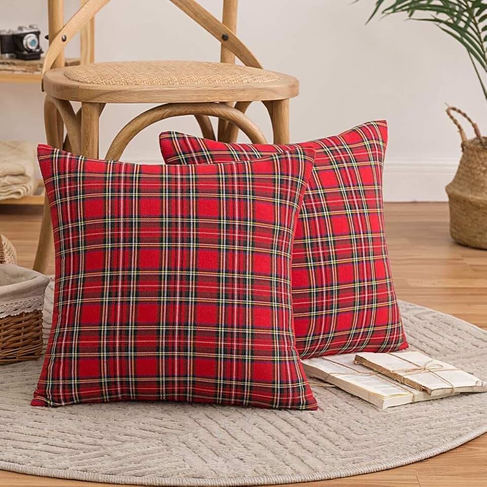 Delorme Store Set of 2 Scottish Decorative Cushion Covers Red Tartan Check Cushion Covers with Hidden Zip for Sofa Bedroom Living Room Car 45 x 45 cm