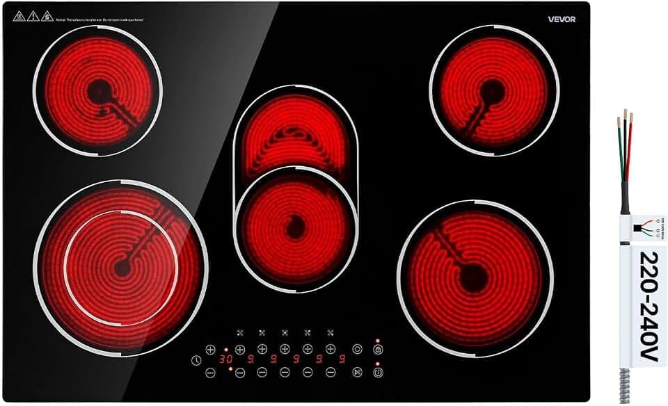 VEVOR Built-in Electric Cooktop, Ceramic Glass Radiant Stove, Touch Control, 9 Power Levels, Timer, Child Lock, Smooth Ceramic Surface, 30in, 5 Burners, 8900W, 220V