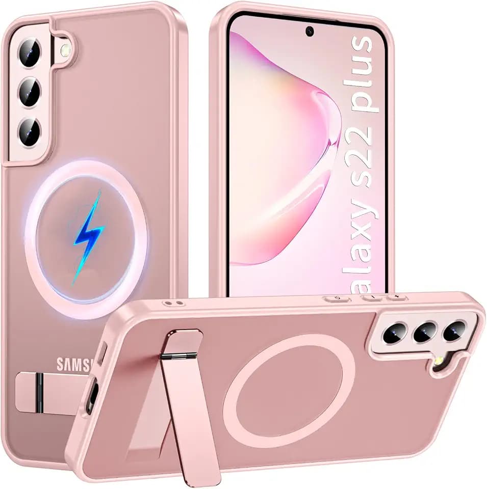 OWKEY for Samsung Galaxy S22+ Plus Phone Case with Adjustable Stand, Pink