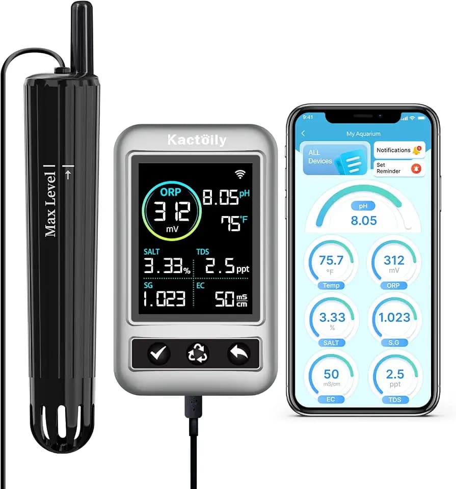 kactoily Long-Range WiFi Aquarium Water Quality Monitor – 7 Parameter Digital Aquarium Water Tester for pH ORP EC TDS Salinity SG Temp, Freshwater & Saltwater Tanks
