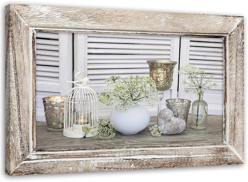 Feeby Bild auf Leinwand Stillleben rustical 90x60 cm Kunstdruck modern shabby chic Rahmen Illusion Beige