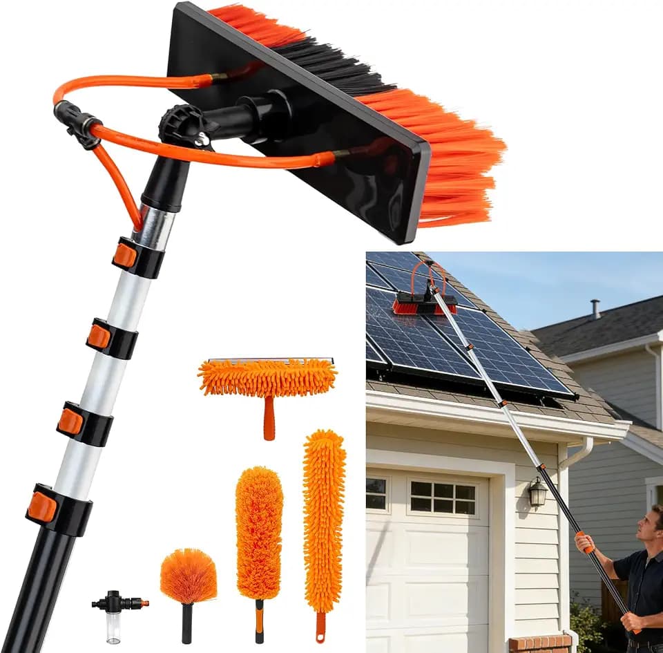 Up to 26FT Reach Water Fed Pole Cleaning Kit, 20FT Telescopic Extension Pole with Adjustable Brush Head & Soap Bottle for Windows, Solar Panels, Walls, Roofs, Gutters & Exterior Surfaces