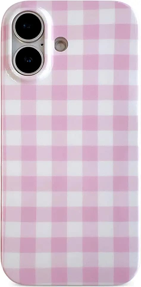 Qokey Checkered Case for iPhone 17 6.3 Inch - Cute Glossy TPU Cover, Slim Lightweight Soft Protection for Women Girls, Fashionable Simple Aesthetic Design - Pink Plaid
