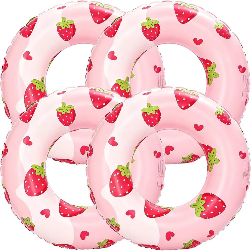 4 Pcs Inflatable Pool Floats for Teens,31.5 inch Strawberry Swimming Rings Swim Tube Pool Rings Floaties for Adults Hawaiian Beach Party Decorations