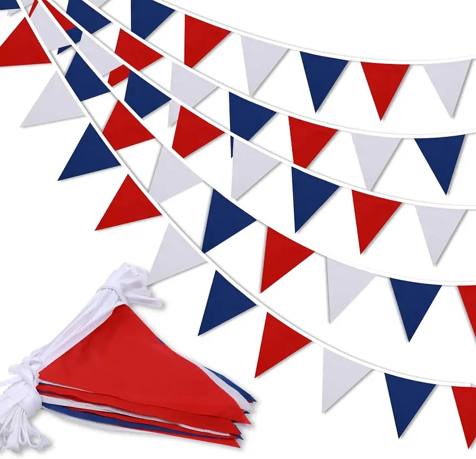 33 ft Pennant Banner Flags,Flag Triangle Bunting Garland Decor，for Fourth of July,Wedding,Birthday Party,Baby Shower,Graduation,Golf Party Decor (Blue White Red Independence Day Banner Decor)