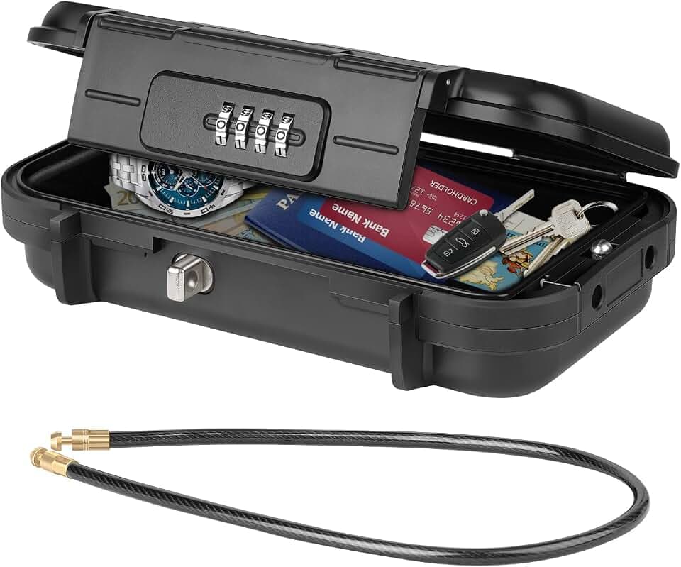 Tragbarer Tresor mit Zahelncode, Sicherheitsbox Wasserdicht Anti-Diebstahl Mini Tresor Zahlenschloss mit abnehmbarem Drahtseil Sicherheitssafe für Hause, Büro, Hotel, Reisen Usw (Schwarz)