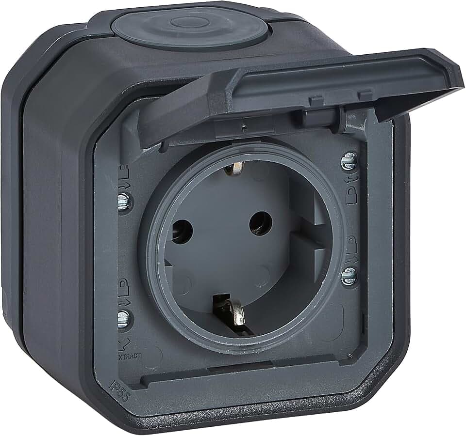 LEGRAND, Plexo New Feuchtraum-Aufputz-Steckdose, Schuko-Standard, inklusive Klappdeckel, Berührungsschutz, Steckklemmen, 16 Ampere, 250 Volt, IP44 - IK07, Farbe: Anthrazit, 069799L