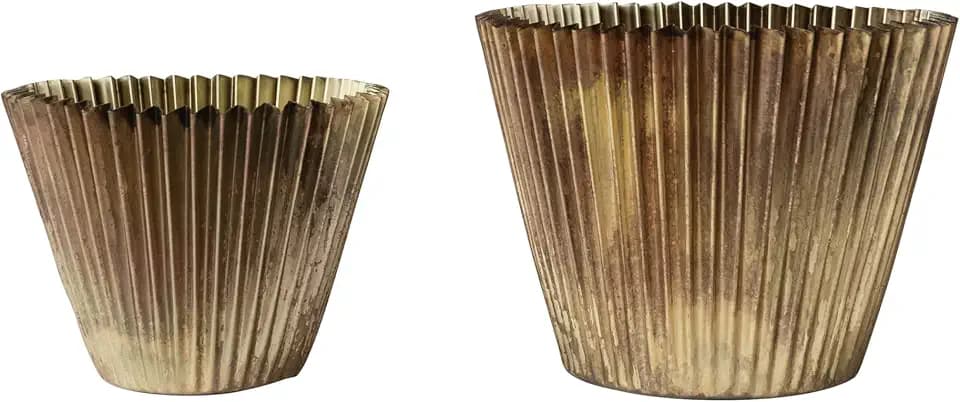 Creative Co-Op 2-Piece Decorative Metal Fluted Planters, Antique Brass Finish