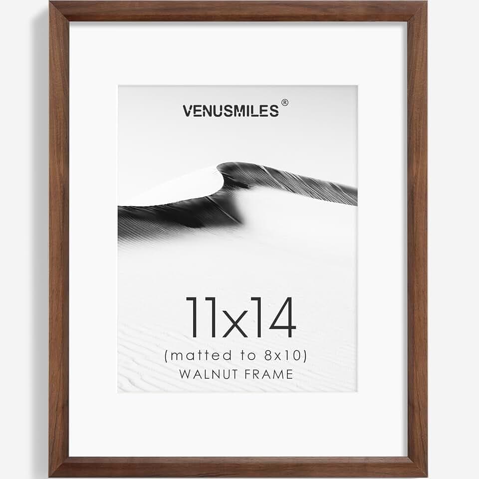 Venusmiles 11x14 Picture Frame Natural Solid Walnut Photo Frames with 8x10 Removable Mat Wall Hanging Large Handcrafted Frame with HD Plexiglass Wall and Tabletop Display Large Poster Frame