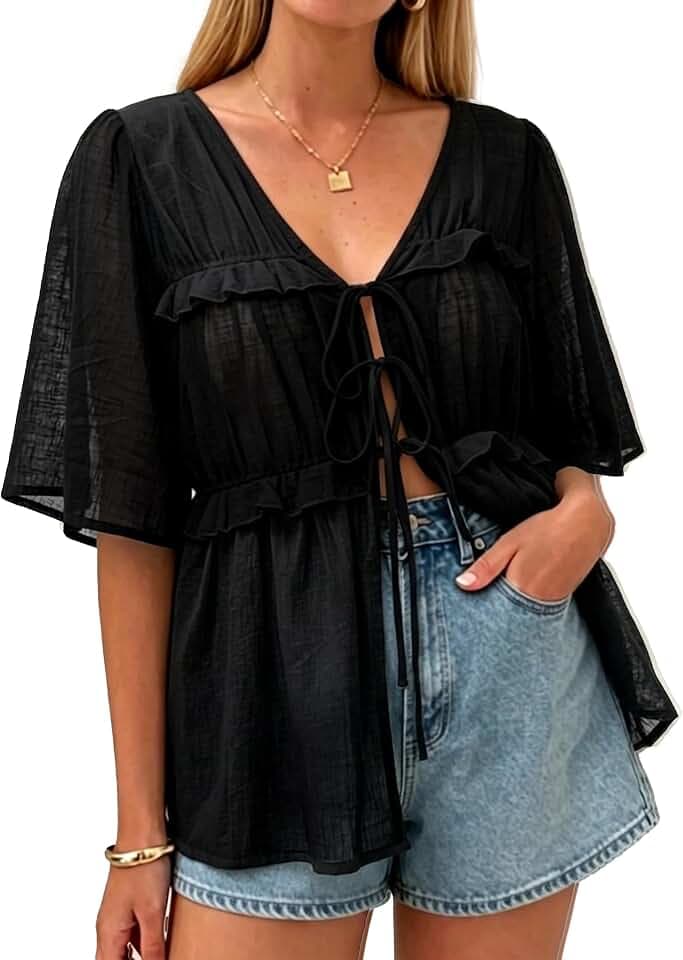 Navneet Damen Chiffon Boho Bluse Kurzarm Tie Front Gesmokt V Ausschnitt Durchsichtig Sommer Oberteile Festival