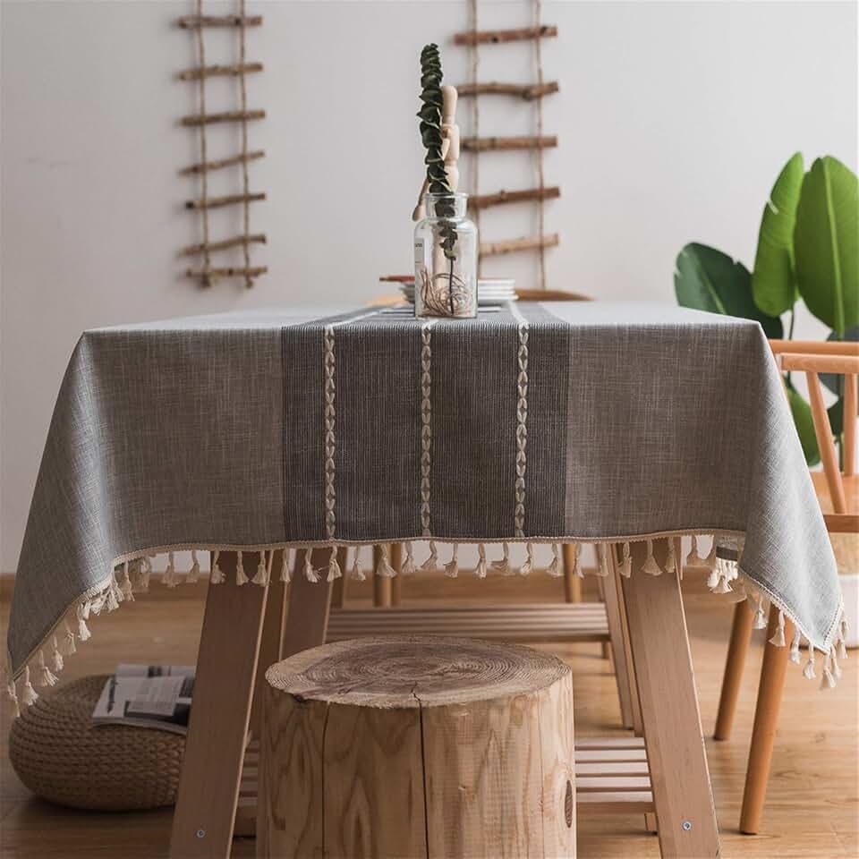 Dimatic Cotton Linen Tablecloth, Tassel Stitching Table Cloth, Wrinkle Free Farmhouse Table Cover for Kitchen Dining, Party, Holiday (Rectangle, 55''x70'', 4-6 Seats, Gray)