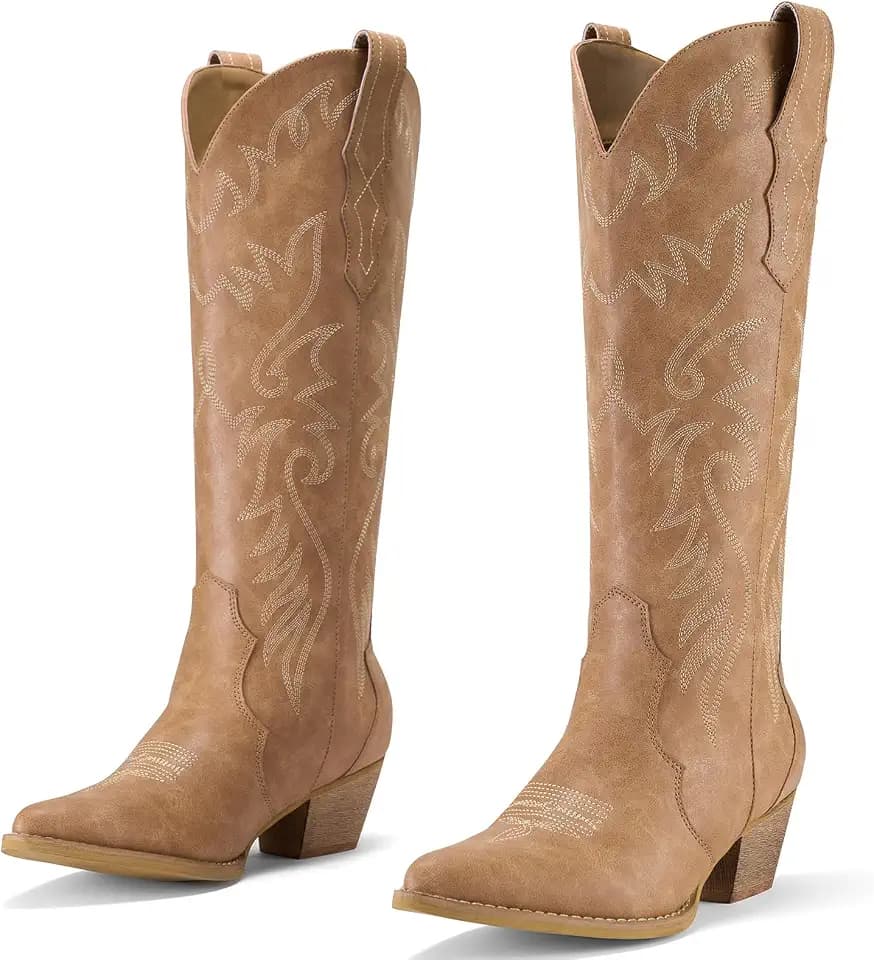 Rollda Cowboy Boots for Women, Knee-High Cowgirl Boots
