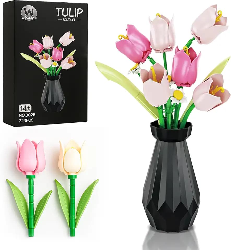 Flower Building Set Compatible with Lego Flowers for Adults, Tulip Flower Bouquet botanicals Collection Unique Home Décor or Office Décor Great Gift for Her and Him (VASE Included) (Flowers Tulip)
